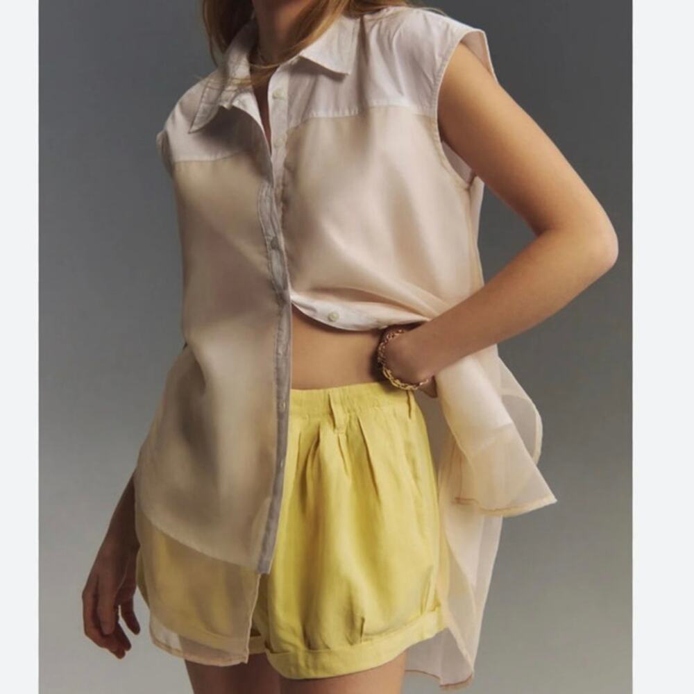 Anthropologie Maeve White Blush Sheet Bennet Button Down Sleeveless Top Sz M